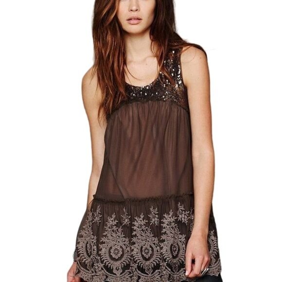 Free People Mirror Mirror Sequin Tunic Top Womens S Brown Cutout Nylon Boho - Picture 11 of 11
